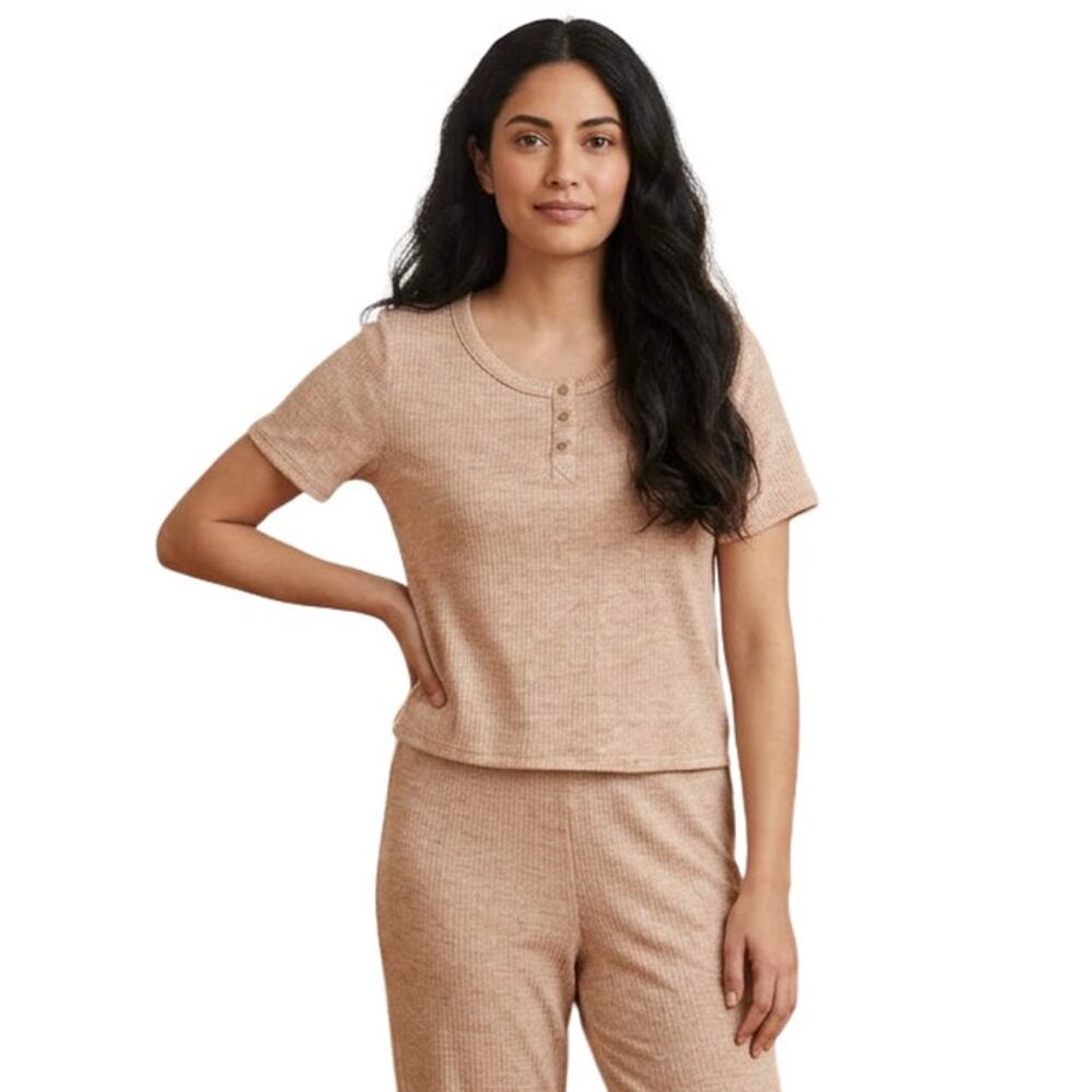 Jockey Grey Heather Luxe Lounge Ribbed Cropped Henley, XL